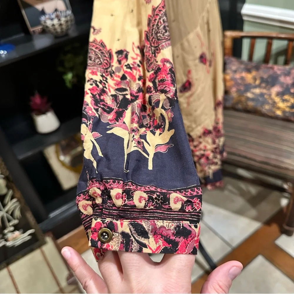 Free People Sierra Valley Shirt Dress – Gold Combo, Paisley Floral, Size Medium